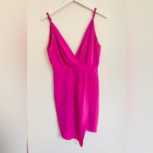 Sugar+Lips Hot Pink Spaghetti Strap Mini Plunge Barbiecore Dress Faux Wrap Sz S